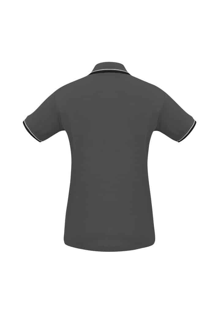 A dark grey women's polo shirt with short sleeves and contrasting trim, featuring a logo.