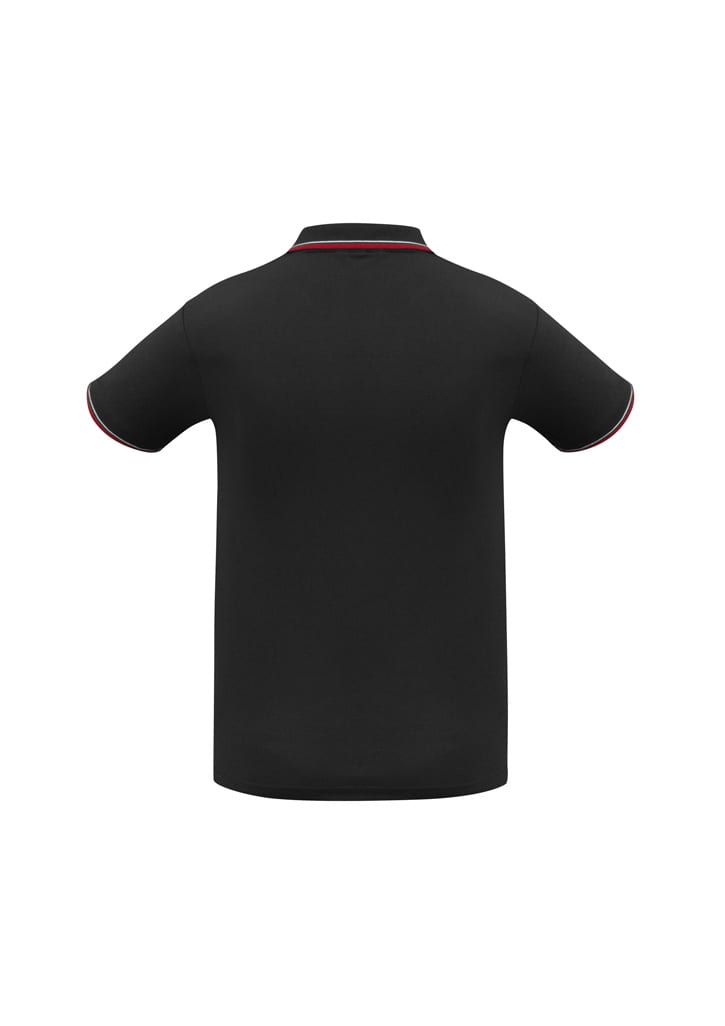 A black short sleeve polo shirt featuring contrasting trim and a logo on the collar.