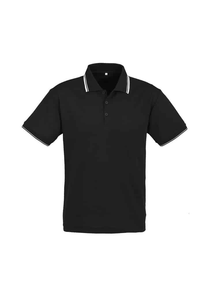 A black short sleeve polo shirt with white stripes on the collar and sleeves, featuring a logo.