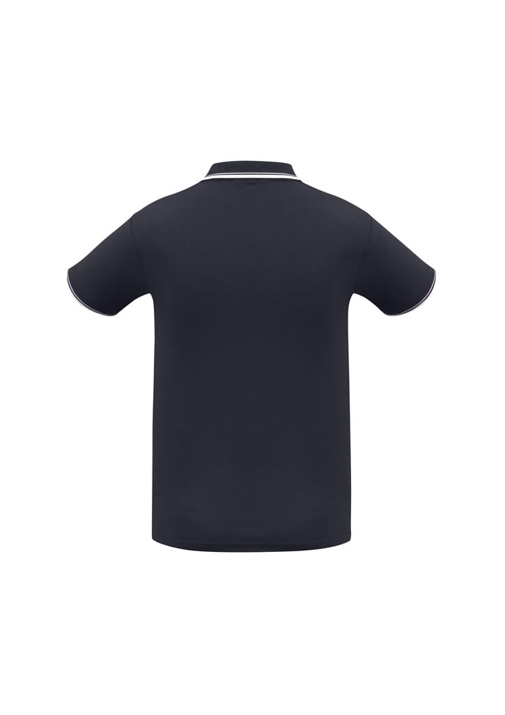 A navy blue men's short sleeve polo shirt featuring a contrasting collar and sleeve trim, with a logo displayed.