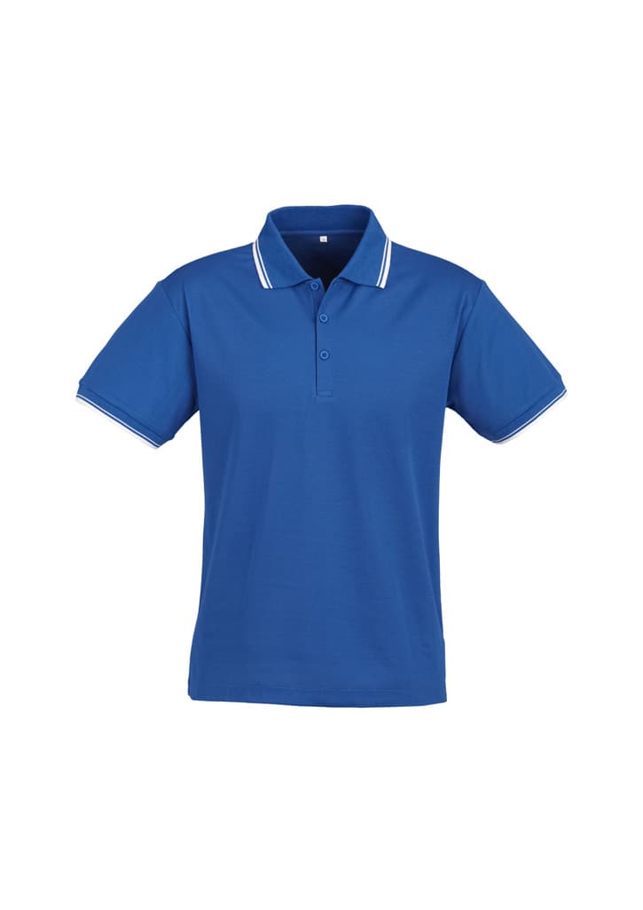 A blue short sleeve polo shirt with white accents and a collar, featuring a logo.