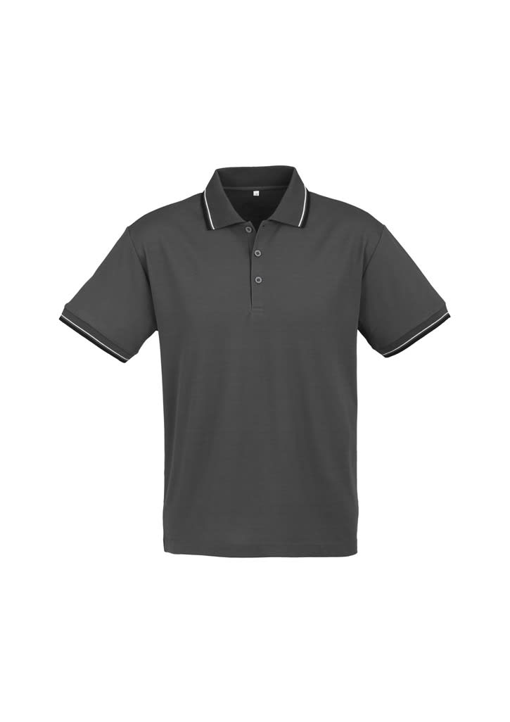 A grey short sleeve polo shirt with contrasting trim and a logo on the chest area.