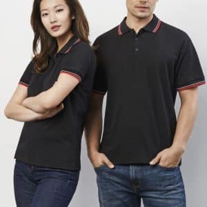 Black short sleeve polo shirts for men and women, featuring contrasting red trim and a logo on the chest.