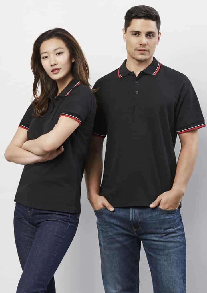 Black short sleeve polo shirts for men and women, featuring contrasting red trim and a logo on the chest.
