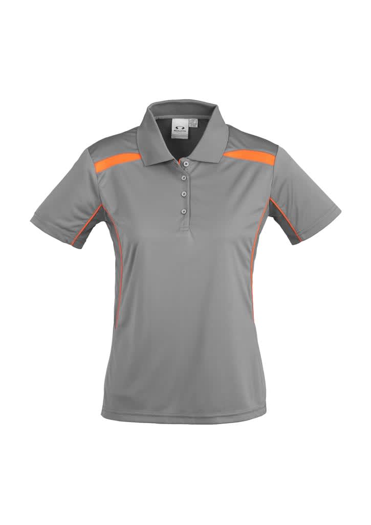 A grey women's polo shirt featuring orange accents and a logo on the left side.