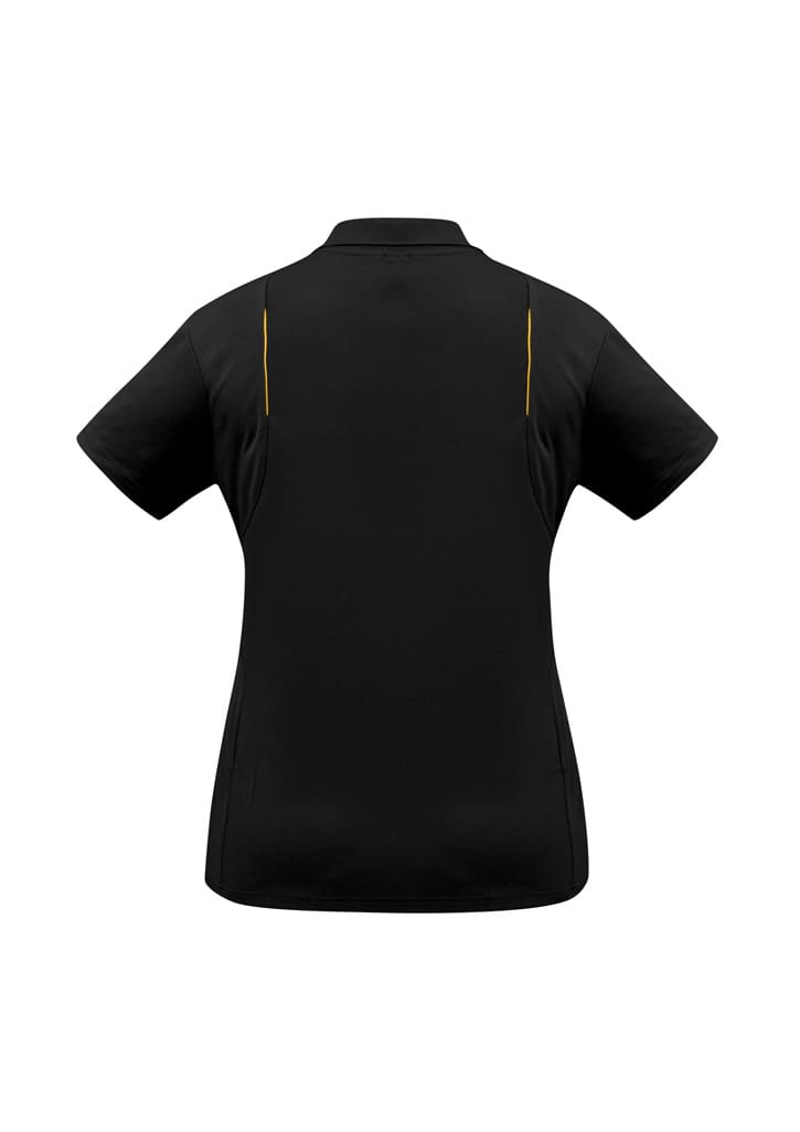 A black women's short sleeve polo shirt featuring yellow detailing and a logo.
