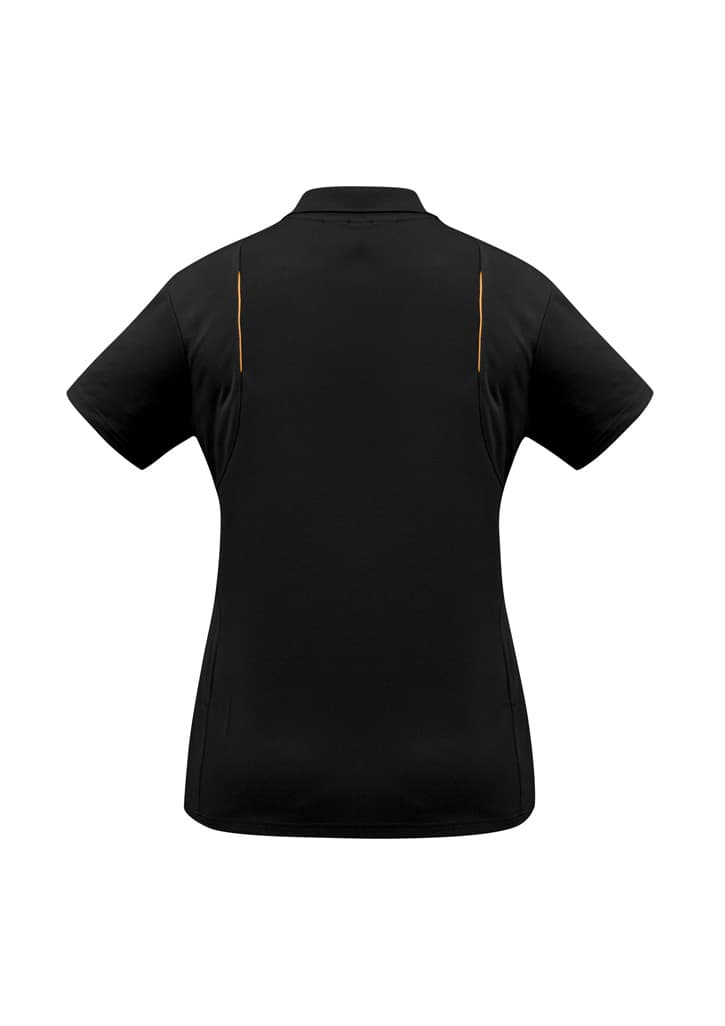 A black women's short sleeve polo shirt with a streamlined design and contrasting details. Features a logo.