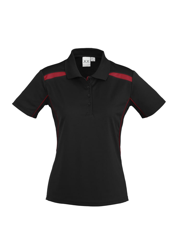 A black women's polo shirt with red accent stripes and a collar. It features a logo on the chest area.