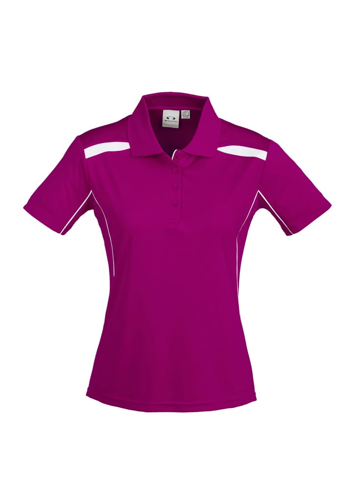 A vibrant purple women's polo shirt featuring white accents and a logo on the chest area.