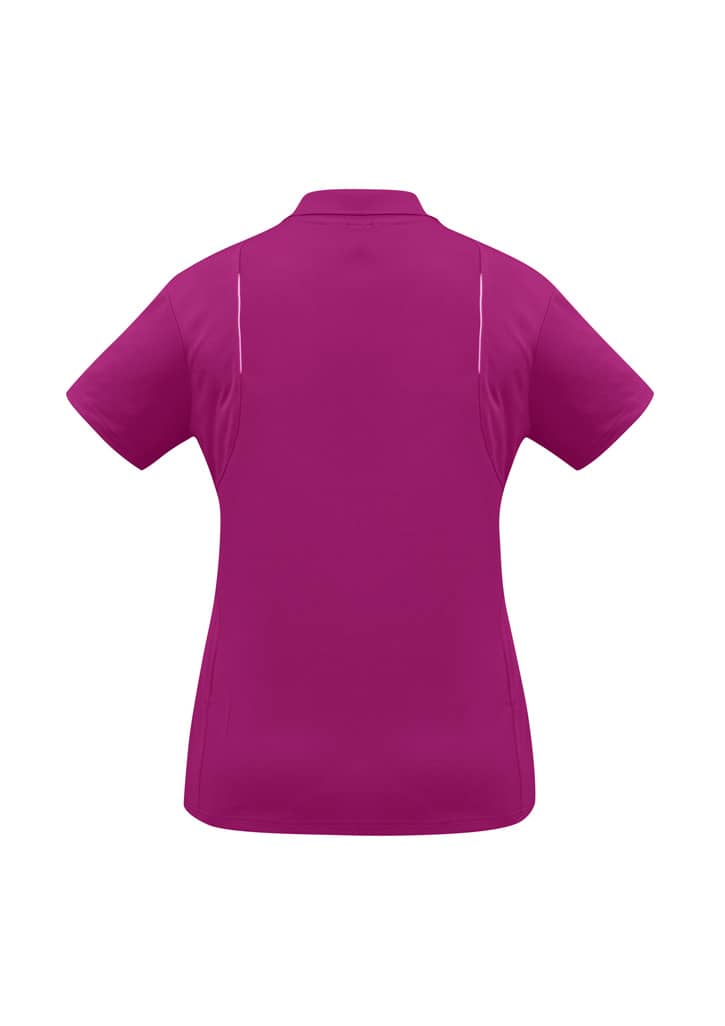 A women's short sleeve polo in vibrant magenta. The back features a subtle design and has a logo.