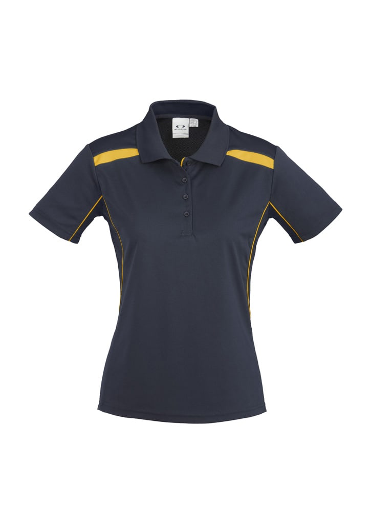 A women's short sleeve polo shirt in navy blue with yellow accents and a branded logo.