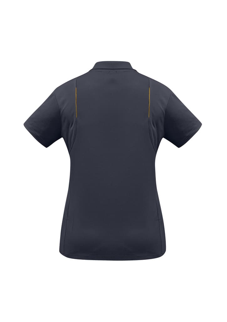 A women's short sleeve polo shirt in dark grey, featuring a branding logo on the back.