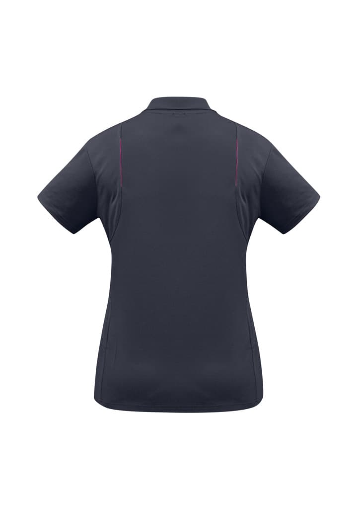 A navy women's short sleeve polo shirt with a fitted design and subtle detailing on the back. It features a logo.