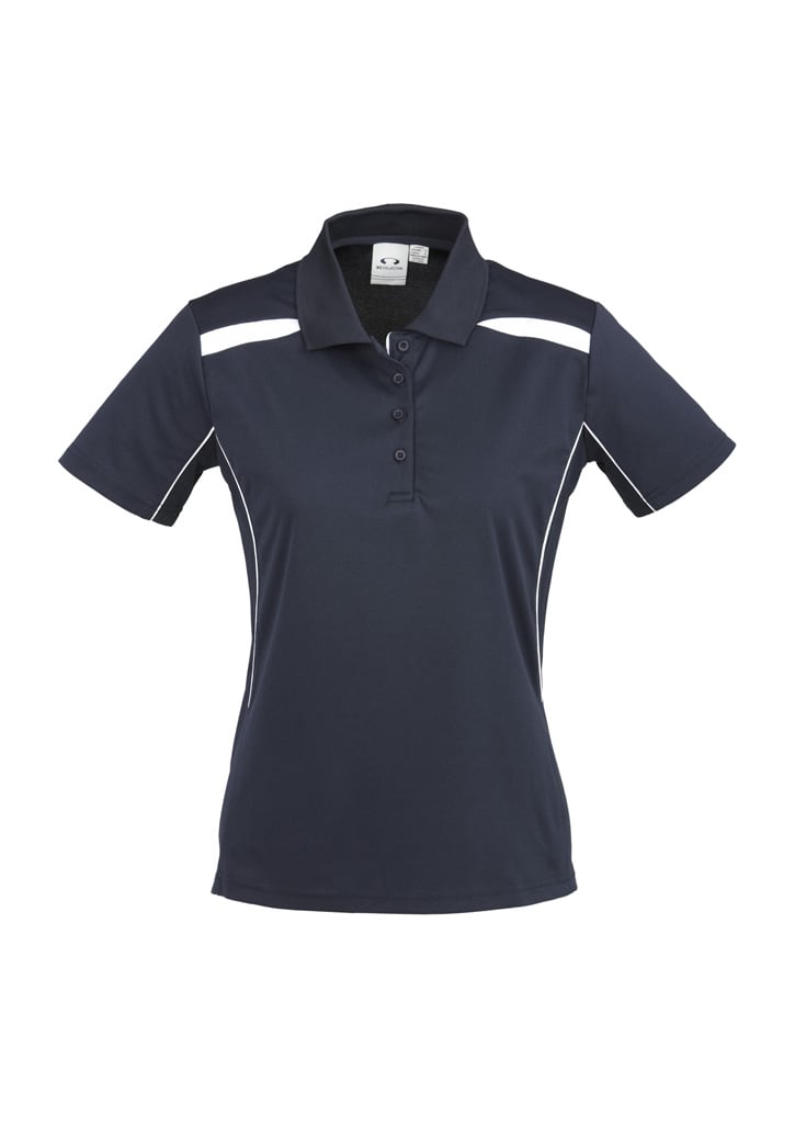 A navy women's short sleeve polo shirt with white accents and a logo on the collar.