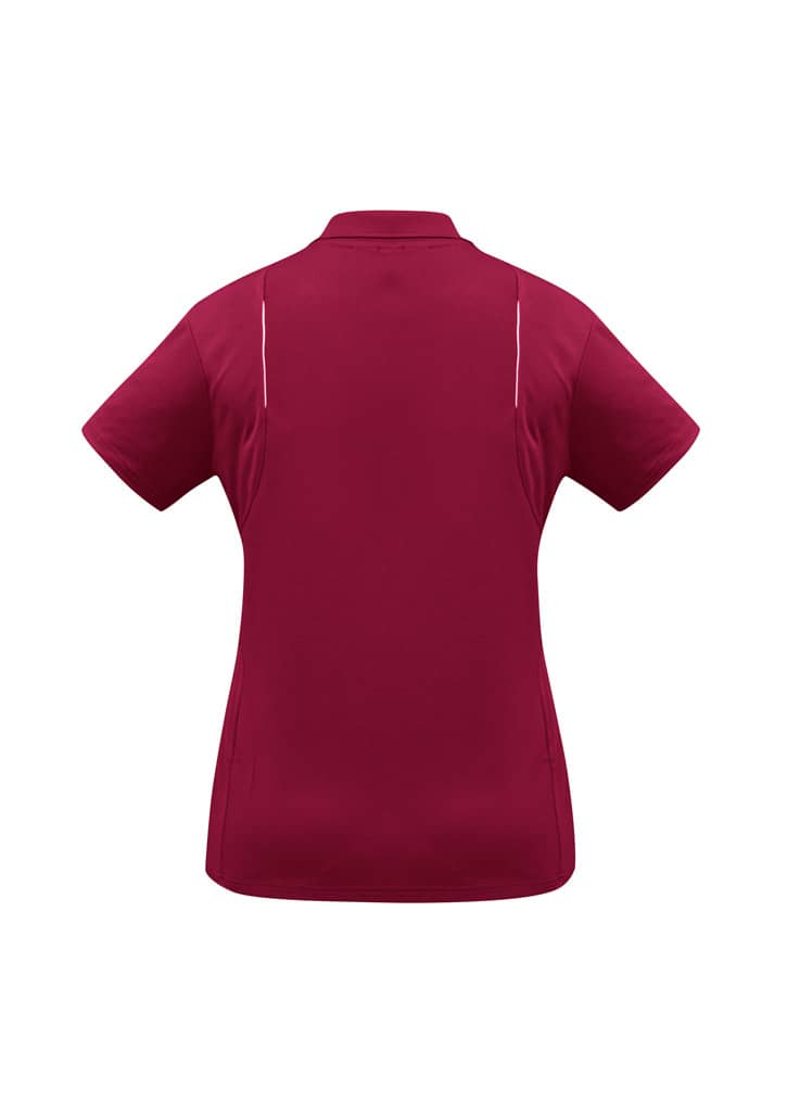 A women's short sleeve polo in burgundy, featuring a back design and a logo. Ideal for casual wear.