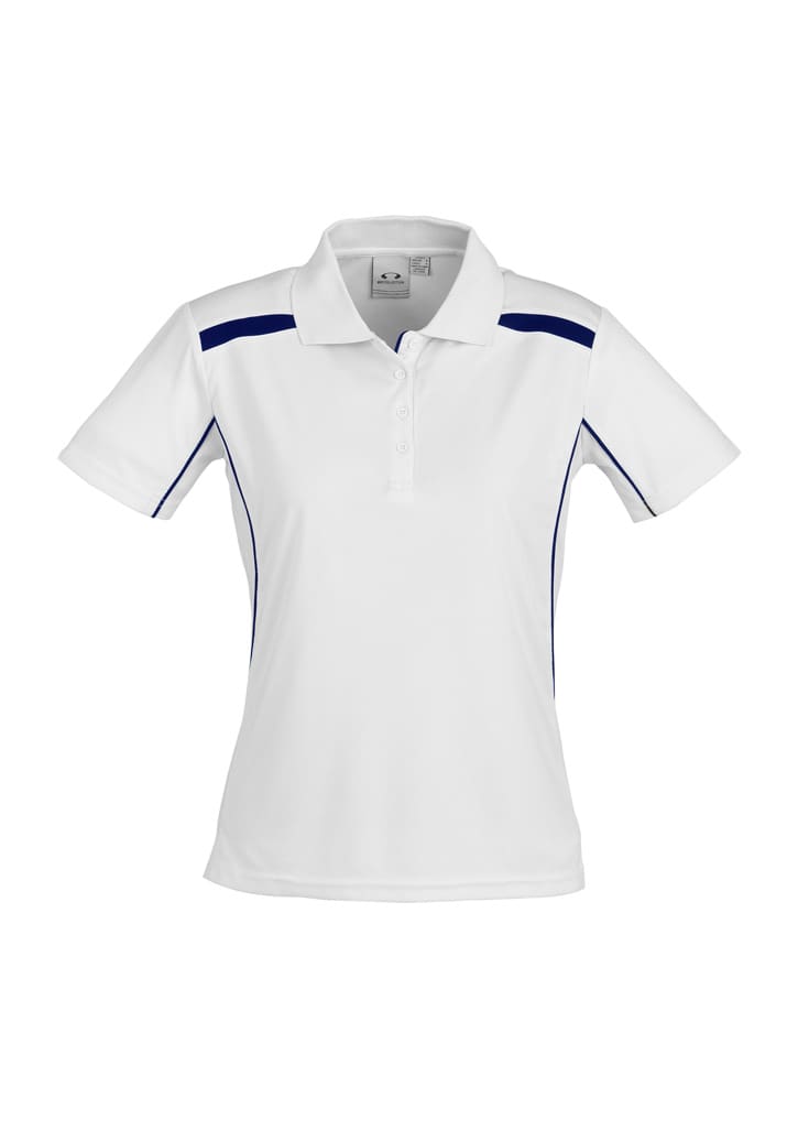 A white women's short sleeve polo shirt with blue accents and a logo on the chest.