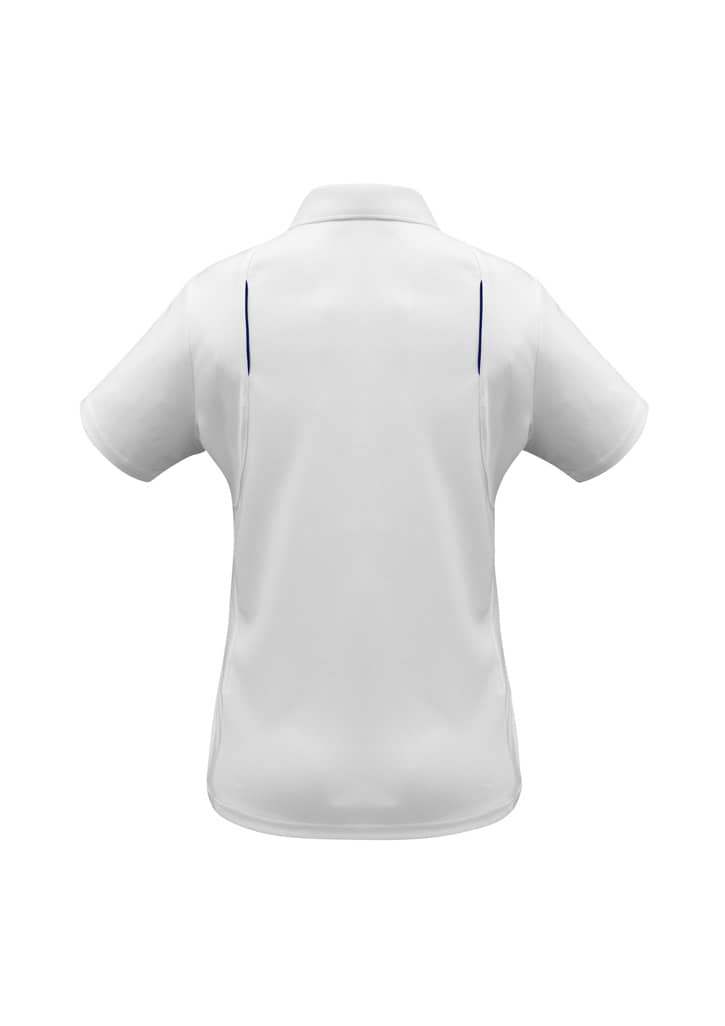 A white women's polo shirt featuring short sleeves and a sleek design, with contrasting details and branding.