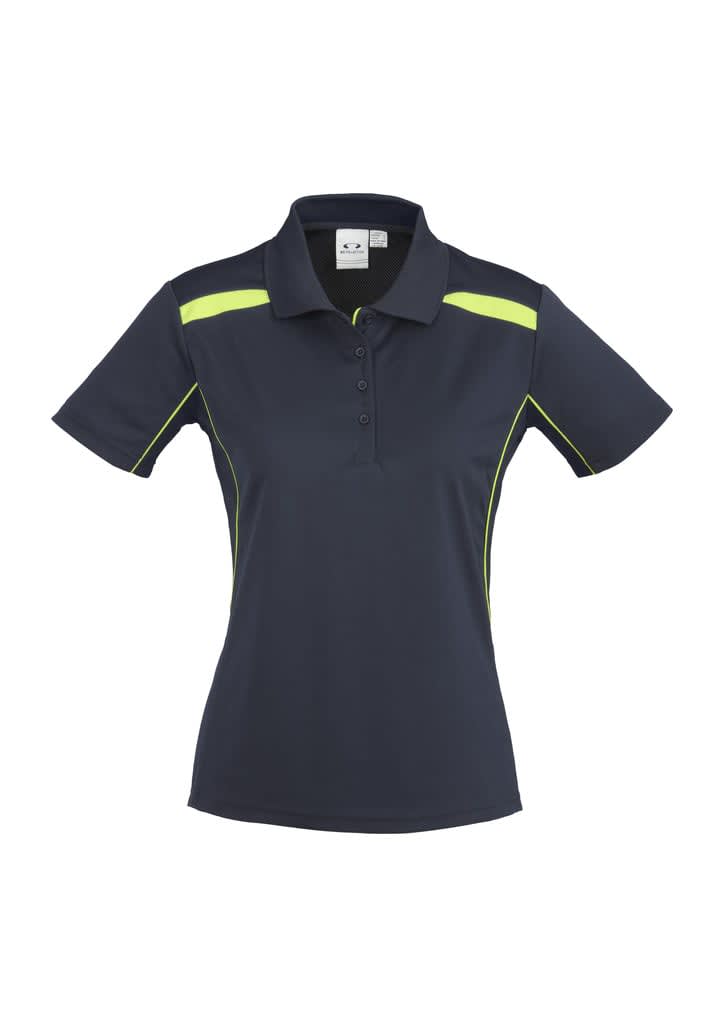 A navy women's polo shirt featuring short sleeves and bright yellow accents, with a collar and buttons, includes a logo.