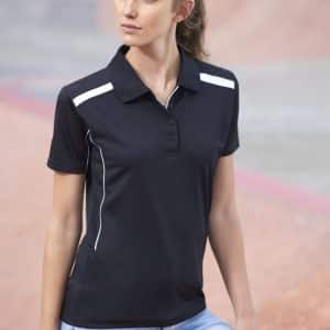 A black women's short sleeve polo shirt with white accents and a logo, featuring a slim fit design.