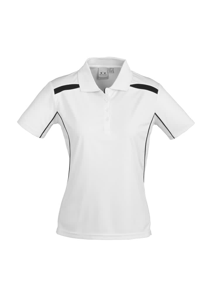 A short sleeve polo shirt in white with black accent stripes and a logo on the chest.