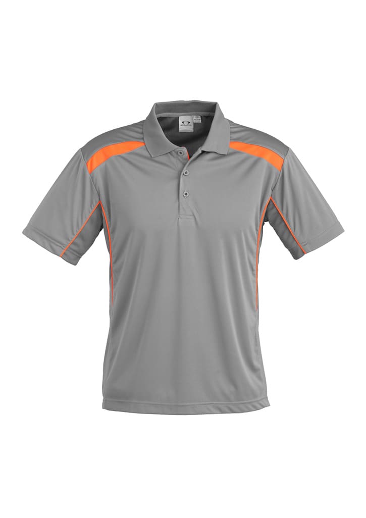 A grey short sleeve polo shirt with orange accents and a logo on the chest.