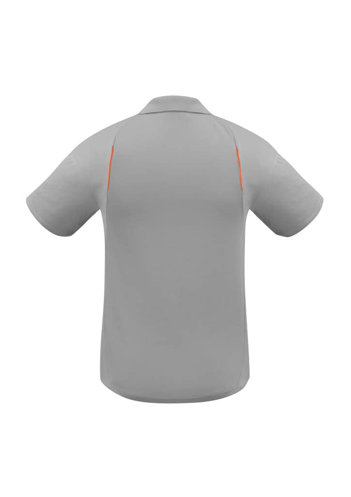 A grey short sleeve polo shirt with orange detailing and a logo on the back.