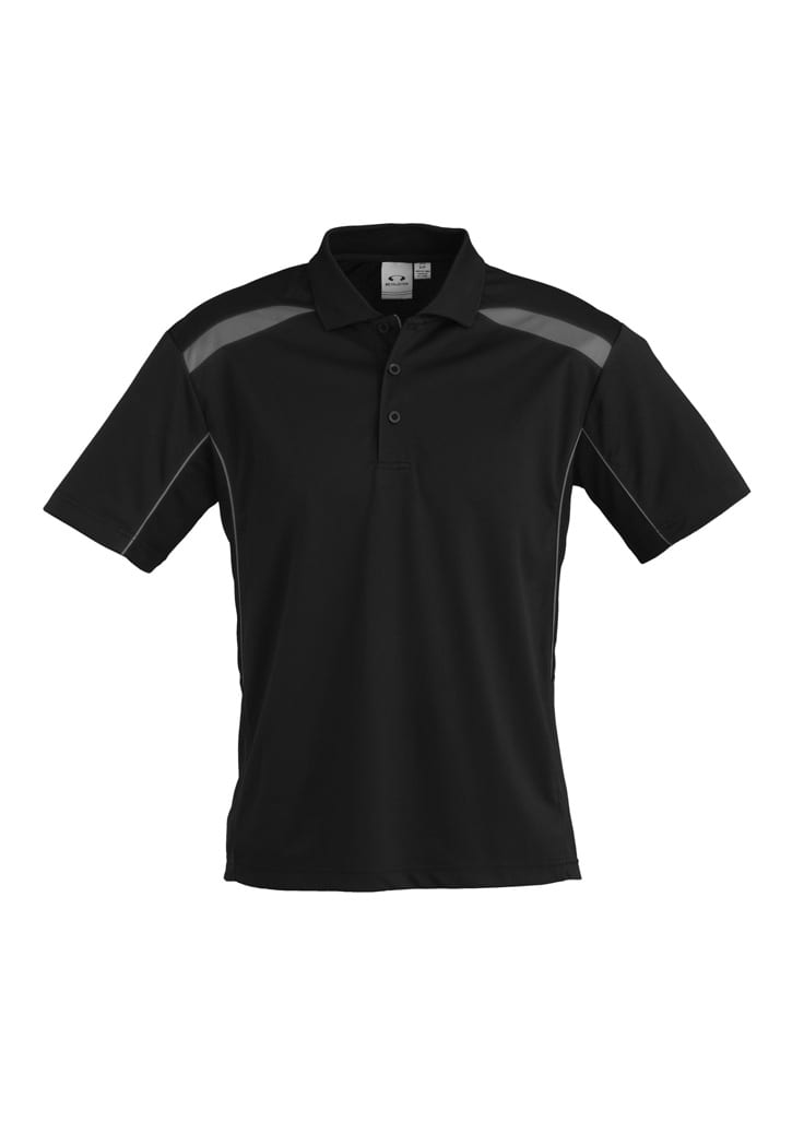A black short sleeve polo shirt with contrasting grey panel accents and a logo on the chest.