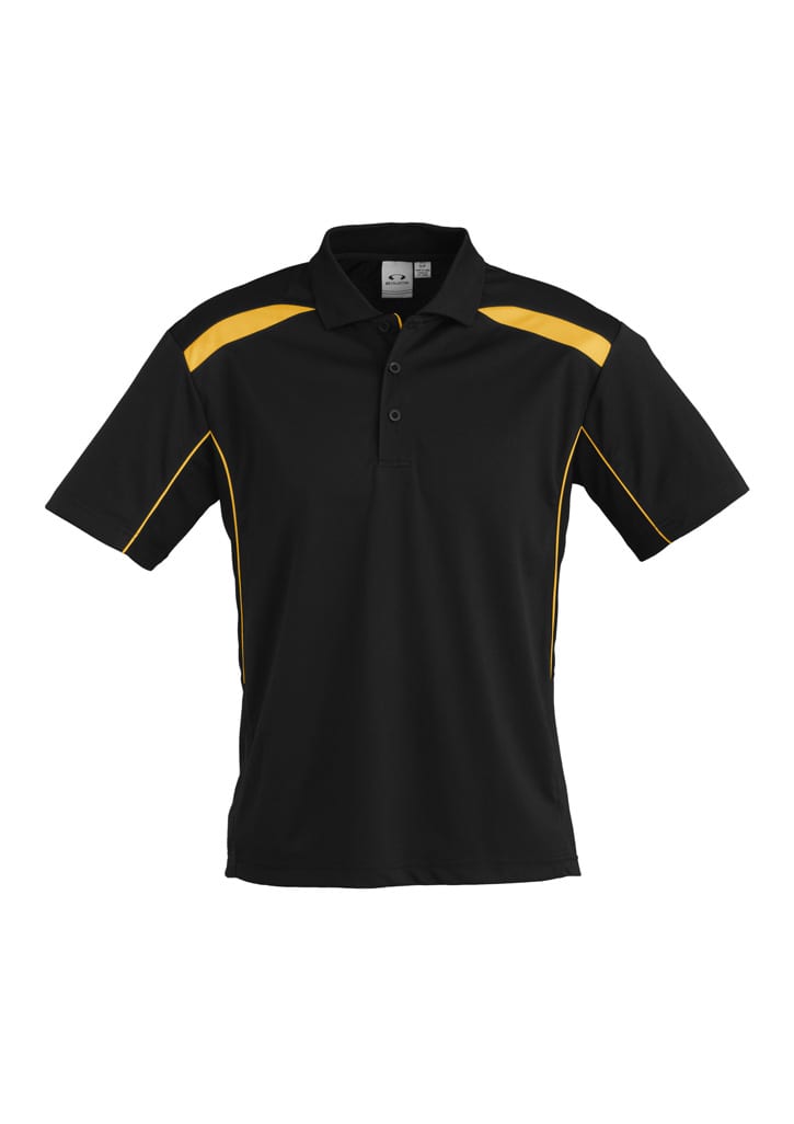 A black short sleeve polo shirt featuring yellow accents and a logo on the chest.
