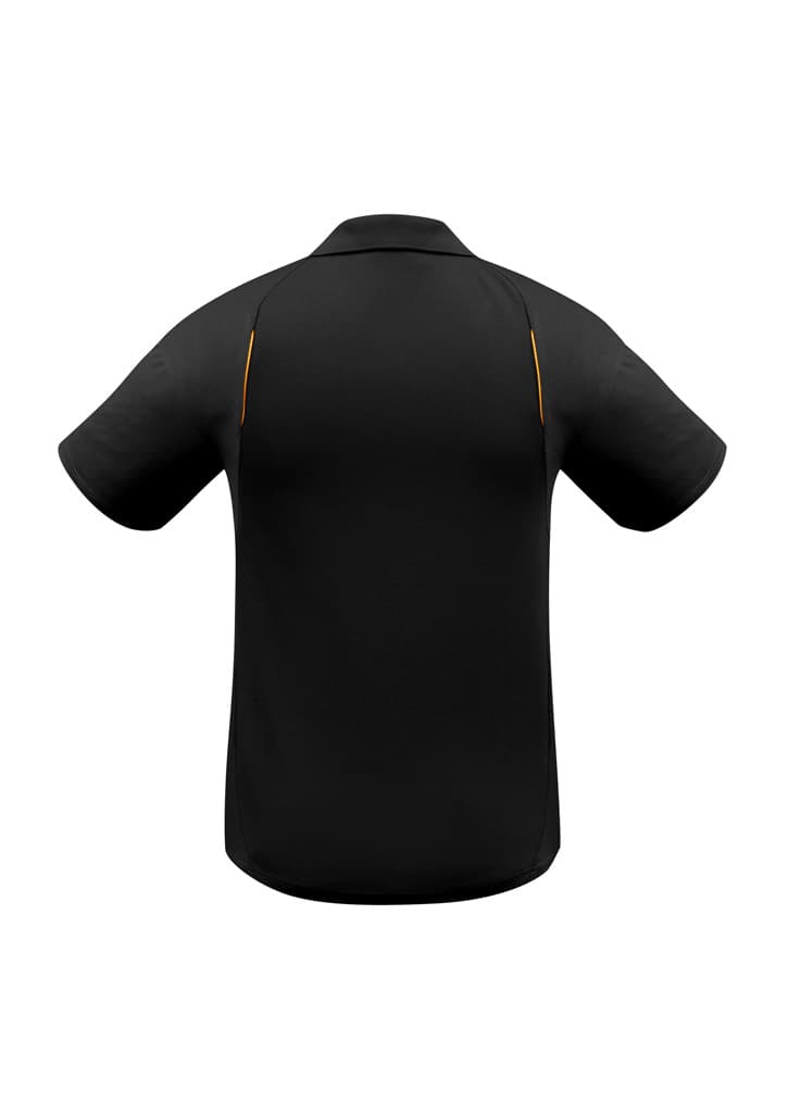 A black short sleeve polo shirt featuring a logo and contrasting yellow detailing on the sides.