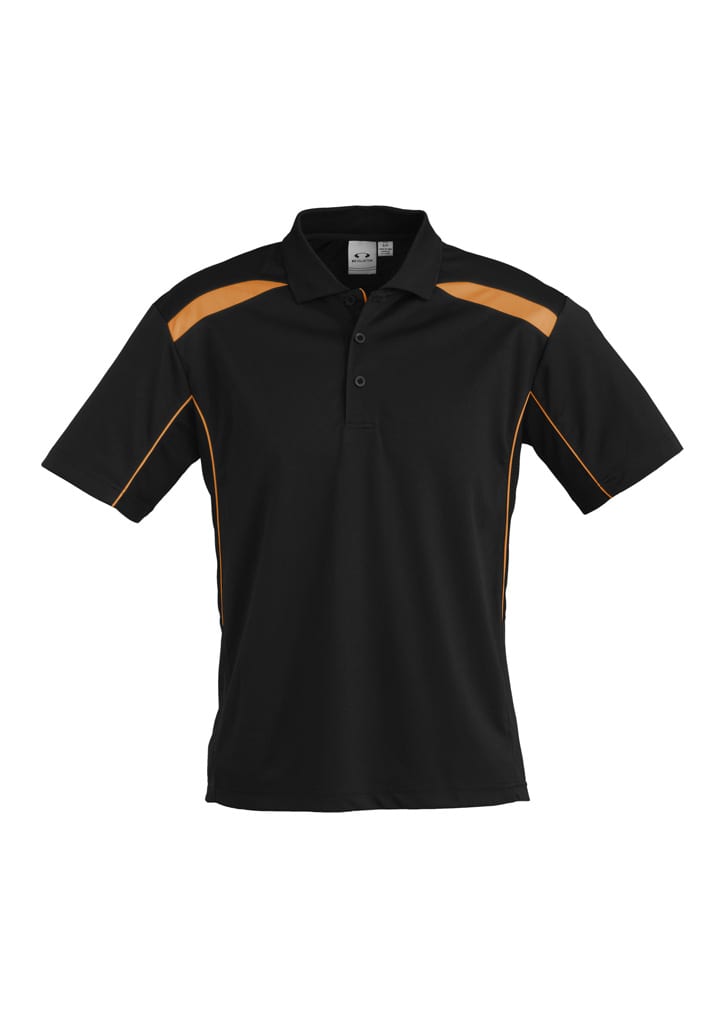 A black short sleeve polo shirt with orange accents and a logo on the chest. Perfect for casual wear.