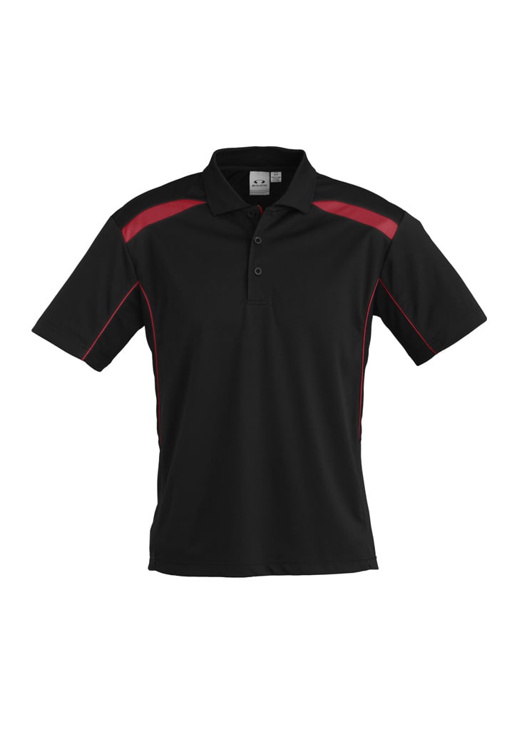 A black short sleeve polo shirt featuring red accents and a logo on the chest.