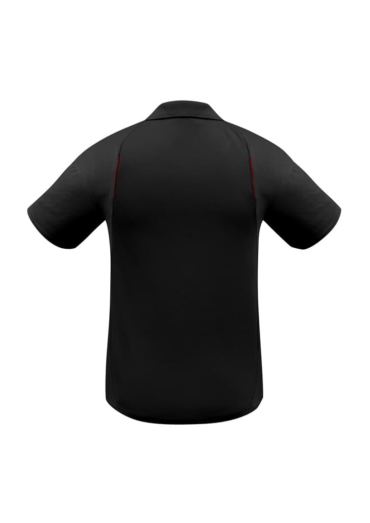 A black short sleeve polo shirt with red accents and a logo on the back.