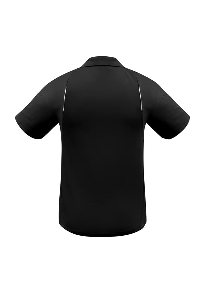 A black short sleeve polo shirt with a logo on the back and contrasting detailing on the sides.