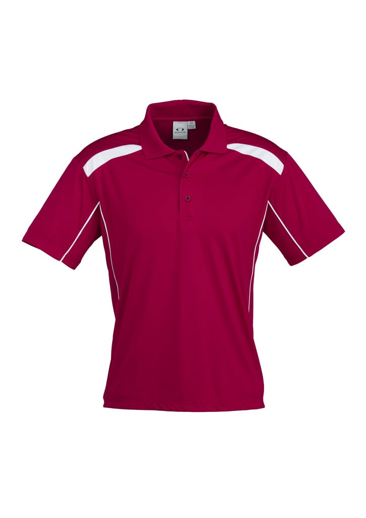 A red short sleeve polo shirt with white accents and a logo on the chest.