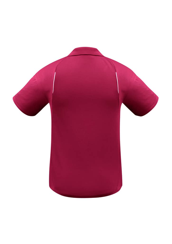 A maroon short sleeve polo shirt featuring a logo, shown from the back view.