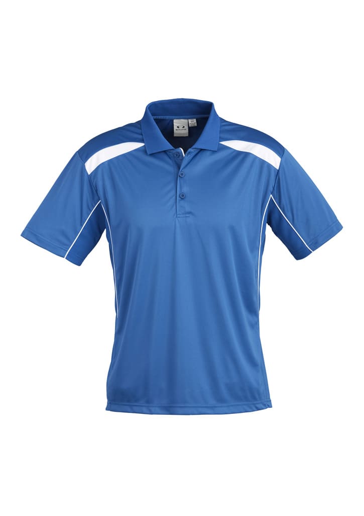 A blue short sleeve polo shirt with white detailing and a logo on the chest.