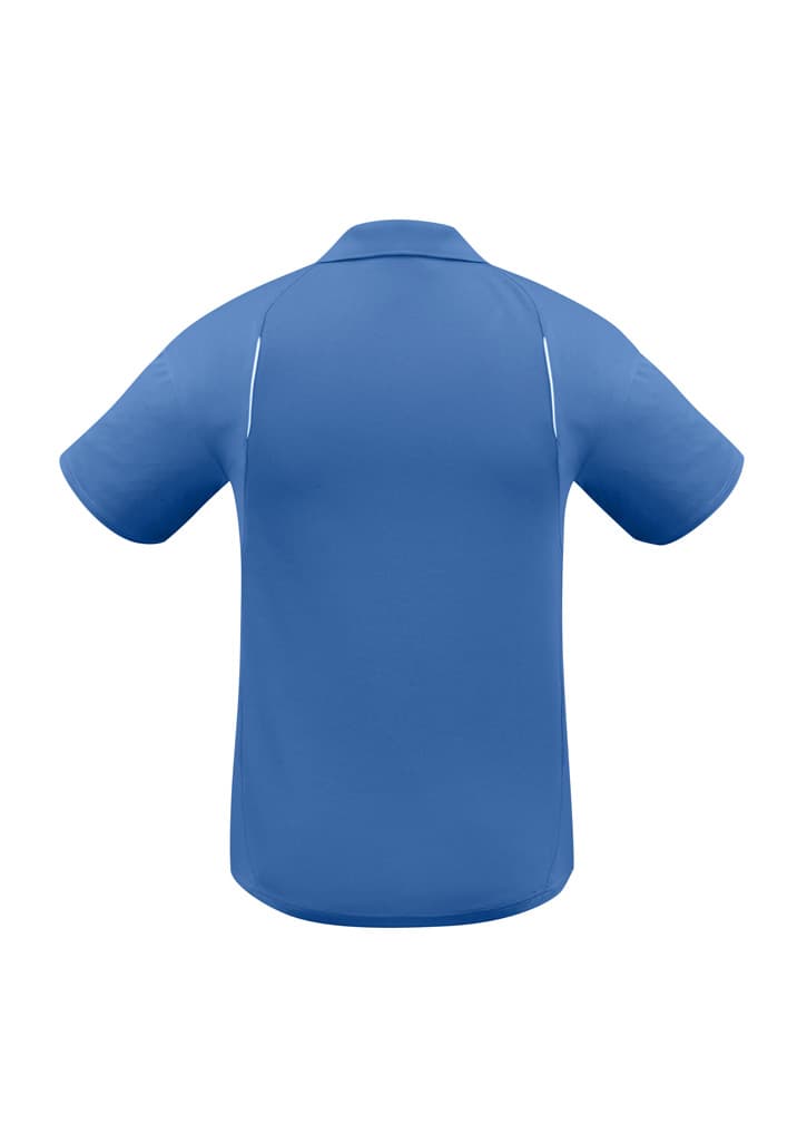 A men's short sleeve polo shirt in blue, featuring a simple design and branded logo on the back.