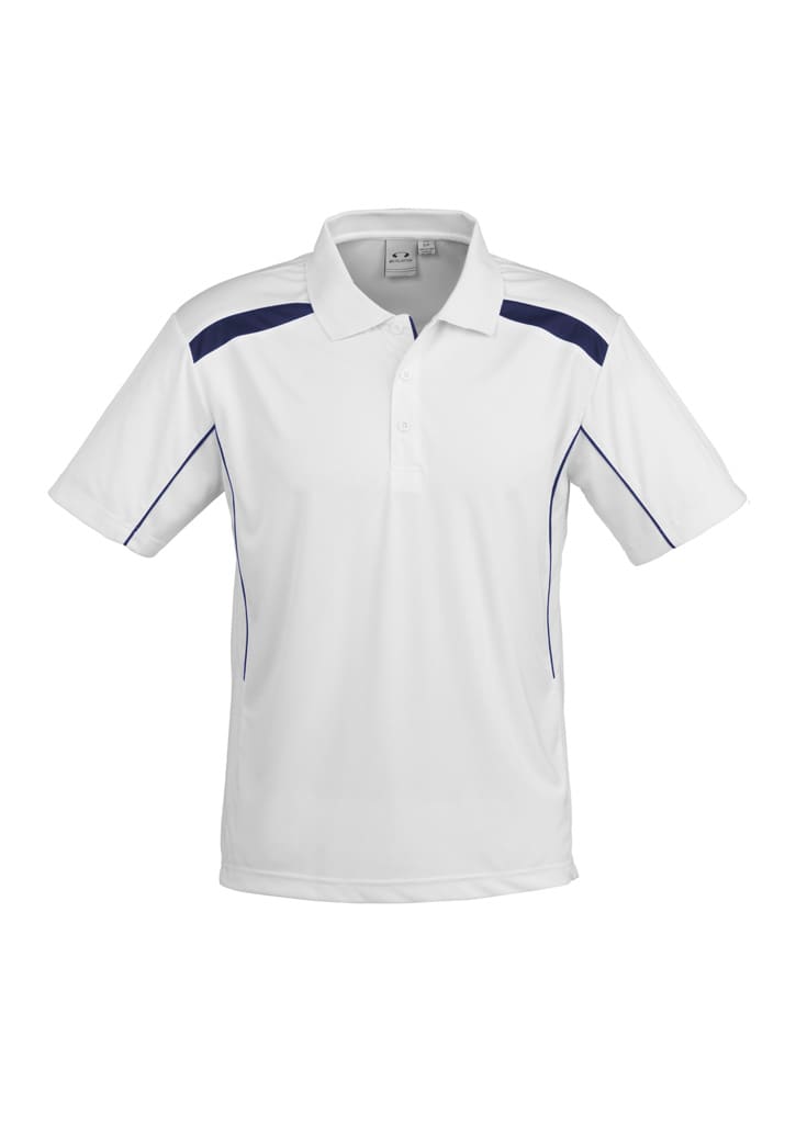 A white short sleeve polo shirt featuring navy accents and a logo. Suitable for casual or sporty wear.