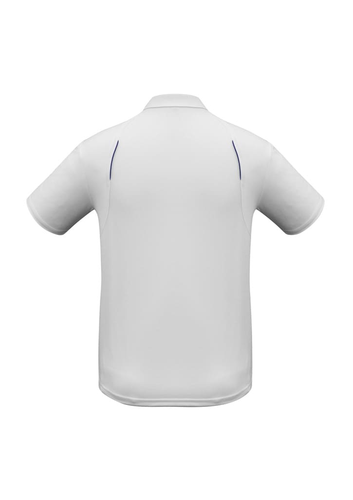 A white short sleeve polo shirt with a simple design and contrasting accent details. Features a logo on the front.