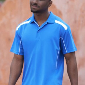 A blue short sleeve polo shirt featuring contrasting white stripes and a logo on the chest.