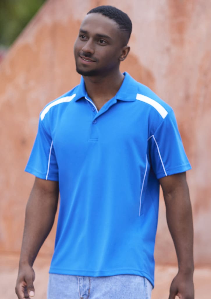 A blue short sleeve polo shirt featuring contrasting white stripes and a logo on the chest.