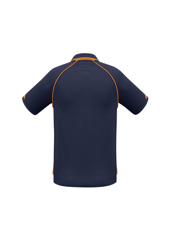 A navy blue short sleeve polo shirt featuring orange accents and a logo on the back.