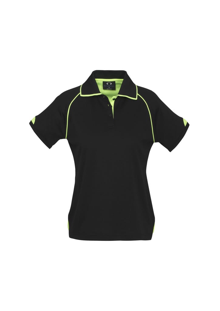 A black women's polo shirt with short sleeves and lime green accents, featuring a logo.