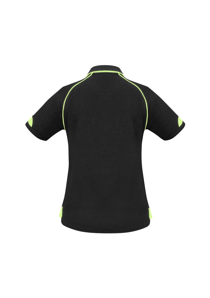 A black women's polo shirt featuring lime green accents and a logo. It has short sleeves and a classic collar.