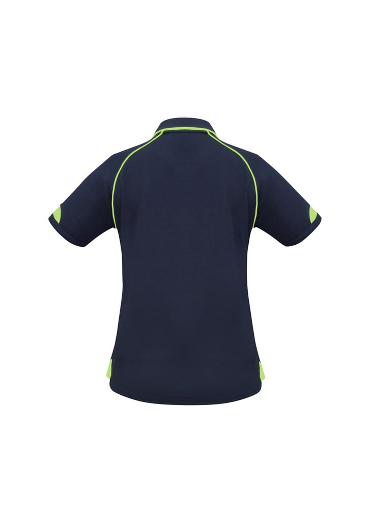A navy short sleeve polo shirt featuring green detailing and a small logo on the back.