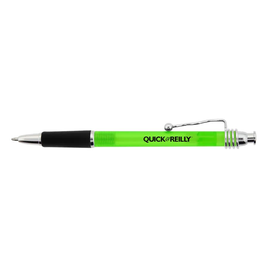 A green plastic pen with a black grip and a silver clip, featuring a branding logo.