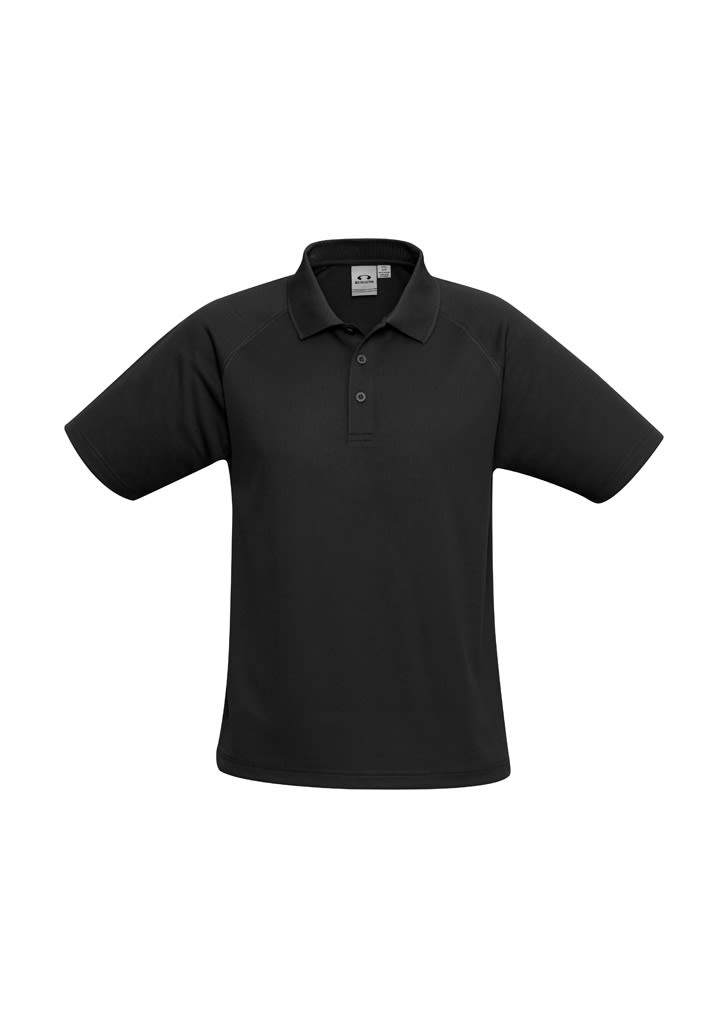 A black short sleeve polo shirt featuring a collar and a logo on the chest.