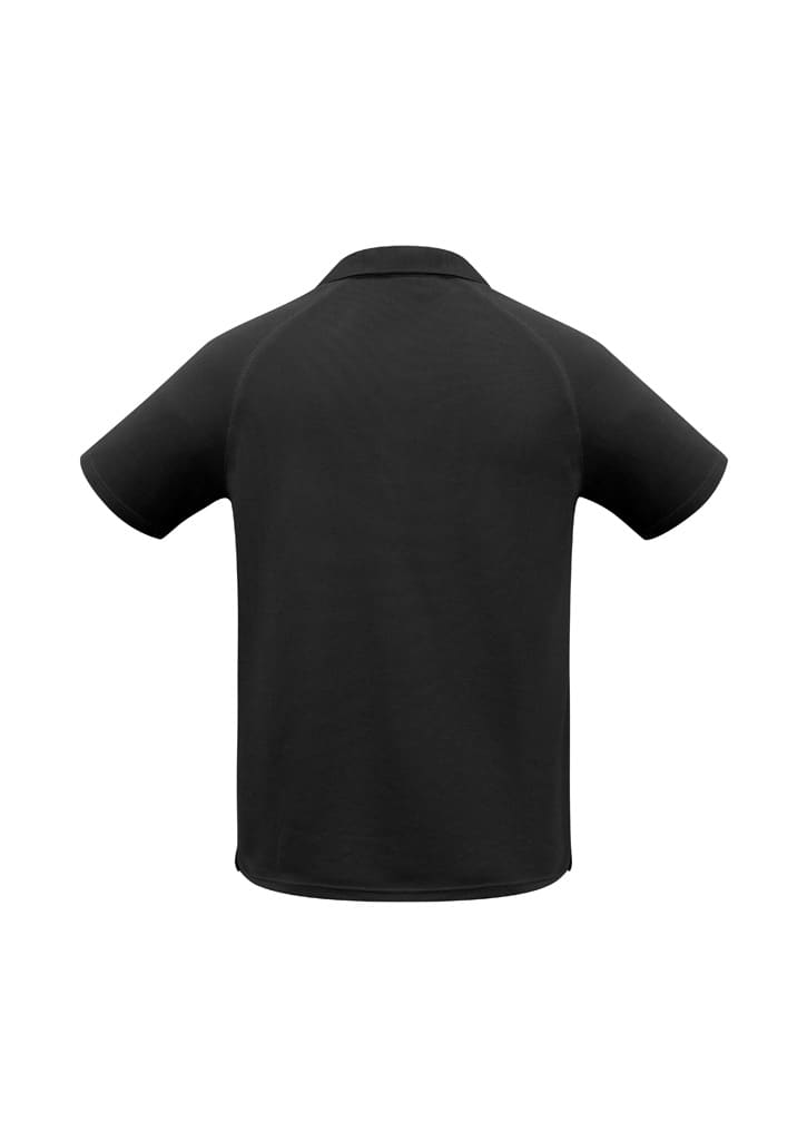 A black short sleeve polo shirt with a simple design and a logo on the back.