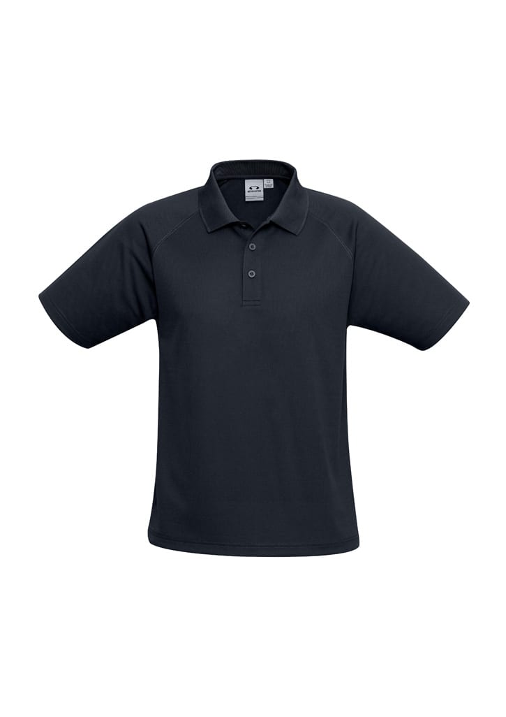 A black short sleeve polo shirt with a collar and a logo on the chest.