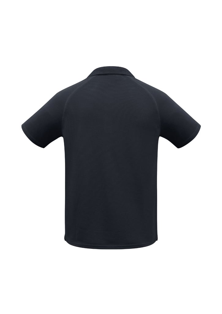 A black men's short sleeve polo shirt featuring a back view and a logo on the back.